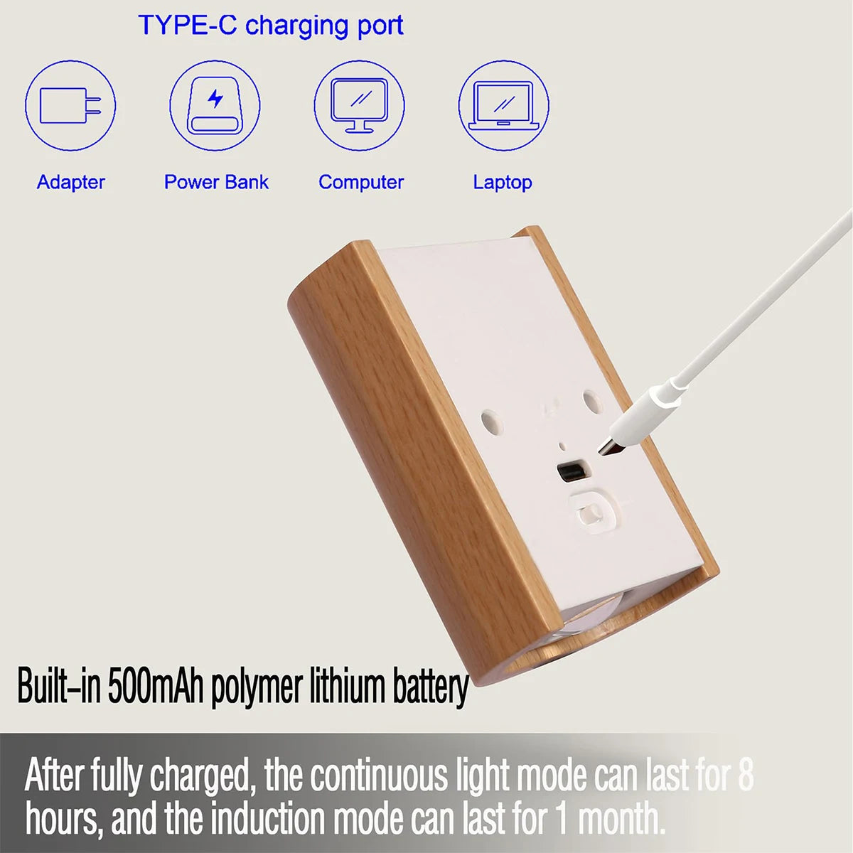Intelligent Induction Wall Lamp 0.4w Infrared Night Light With Wooden Led 2700k-3000k Sensor Rechargeable Magnetic Bulb Cupboard